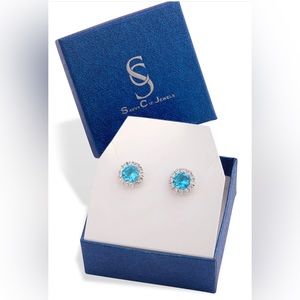 SAVVY CIE JEWELS  Rhodium Plated Cubic Zirconia Stud Earrings Color Blue